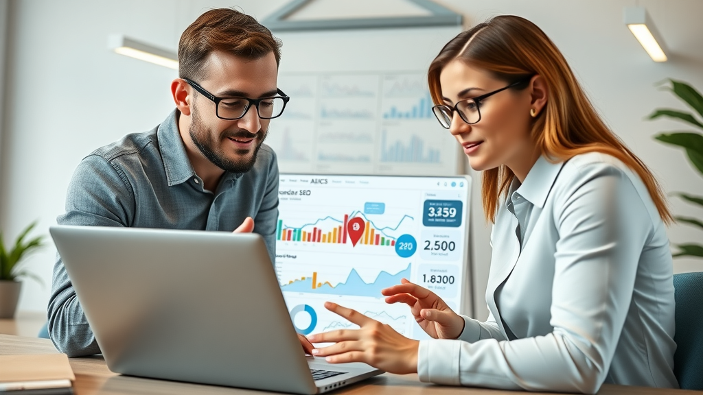 lead gen focused marketing team analytical expression collaborating over a laptop displaying local SEO analytics