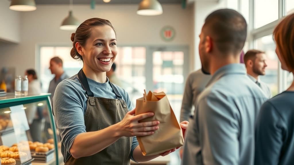 happy bakery owner celebrates increased local customer visits from local advertising