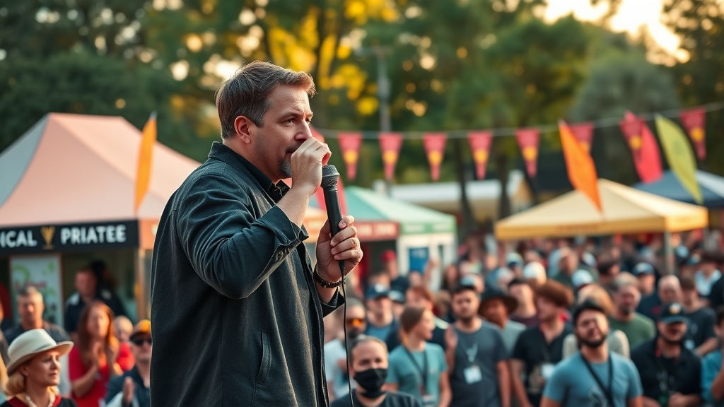 enthusiastic event host generating local leads at a community gathering