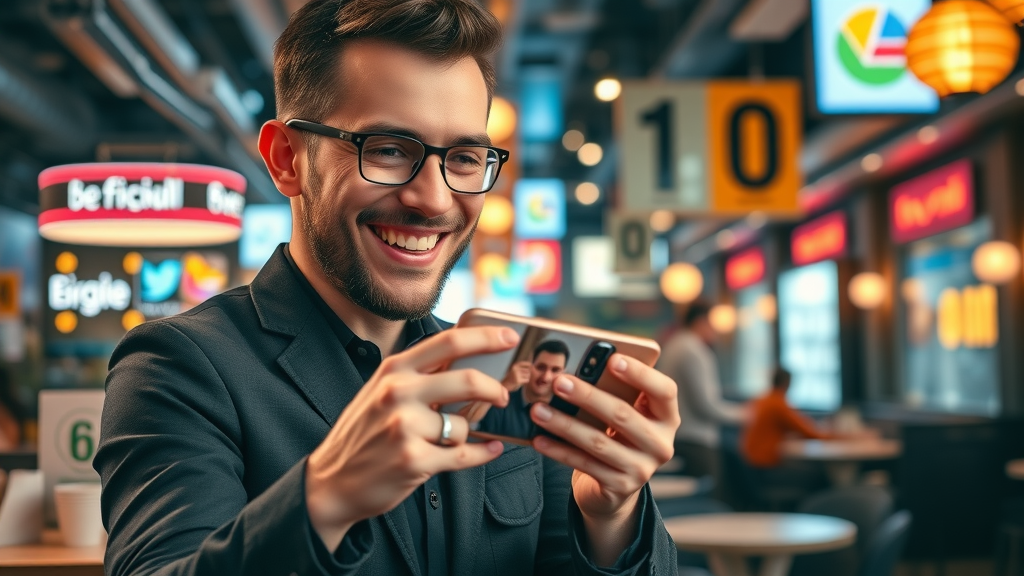cheerful social media specialist creating a local ad on smartphone for how to generate leads for local business