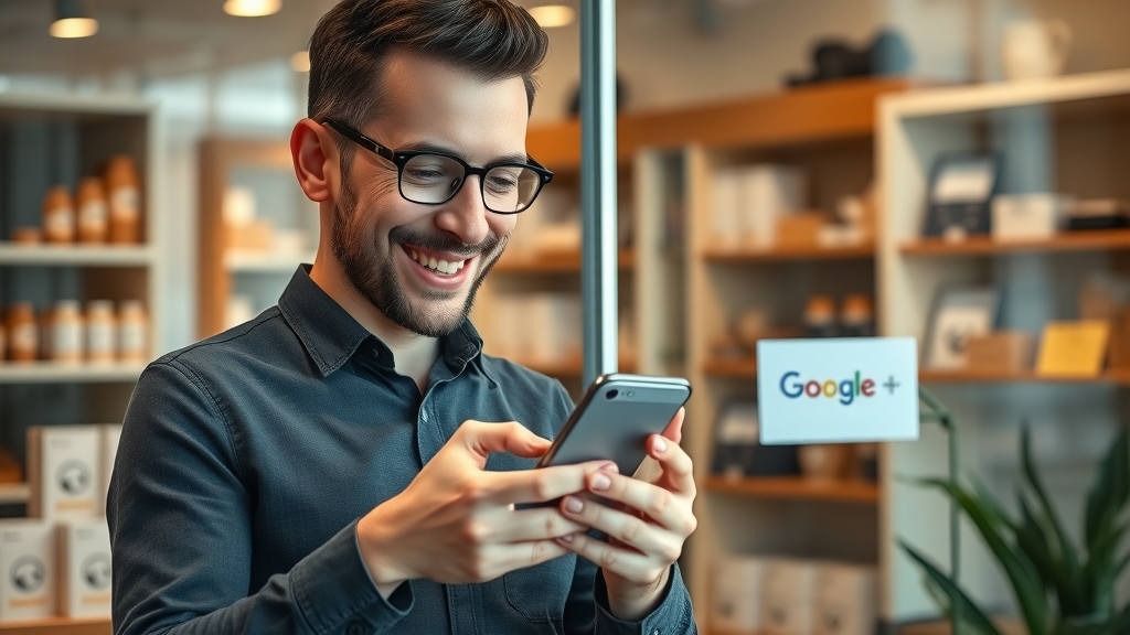 confident small business owner checking mobile phone, reviewing Google Business Profile, cozy retail store interior, shelves of products, subtle reflections in glass window