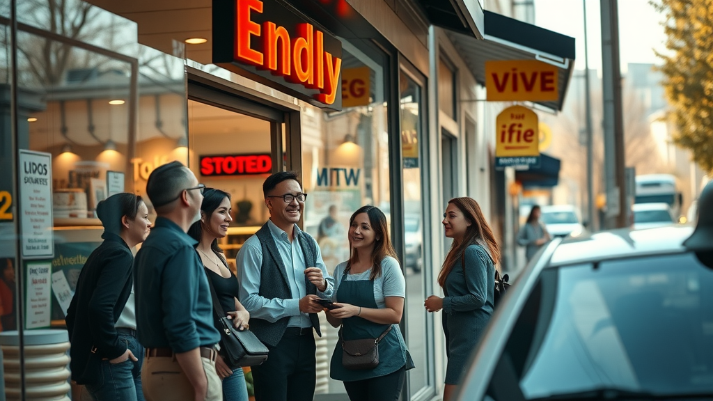 Urban business storefront with engaging staff and clear signage - update google business information