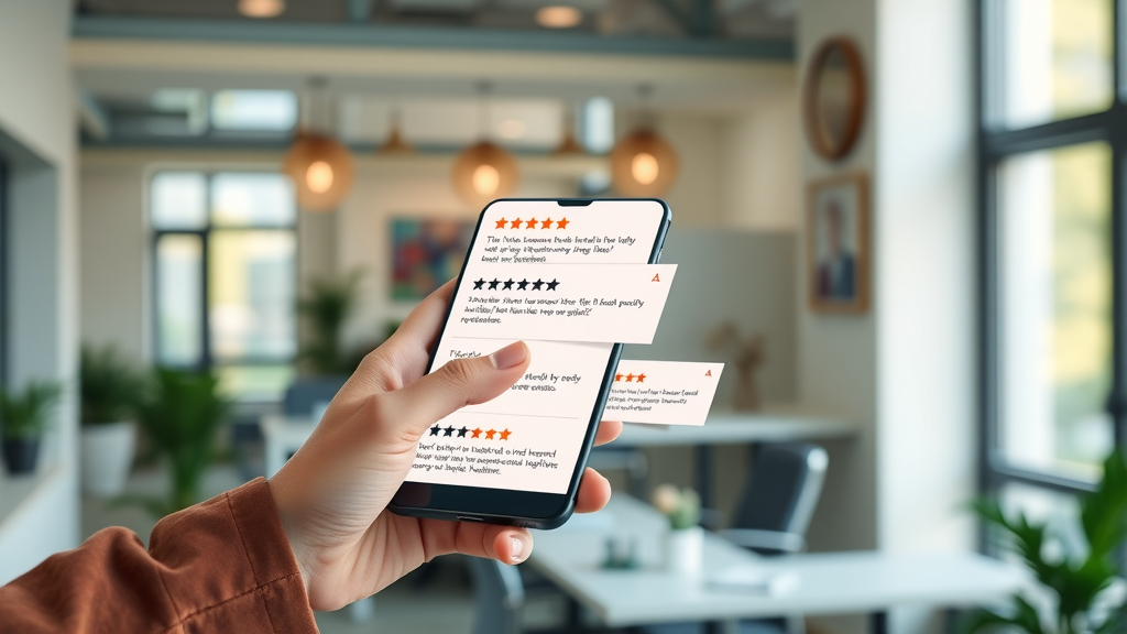 sleek mobile-friendly local business website, scrolling through positive reviews, boosting online lead generation and local business trust