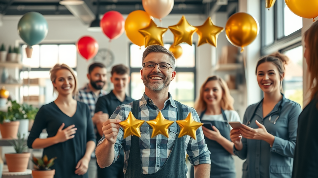 Happy small business owner celebrating increased 5-star reviews with staff, vibrant shop interior