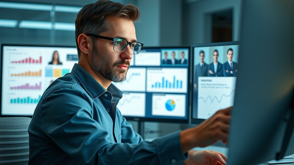 Geo-Targeted Advertising with digital marketer reviewing target audience profiles on multiple screens, charts and persona profiles displayed in a modern workspace.