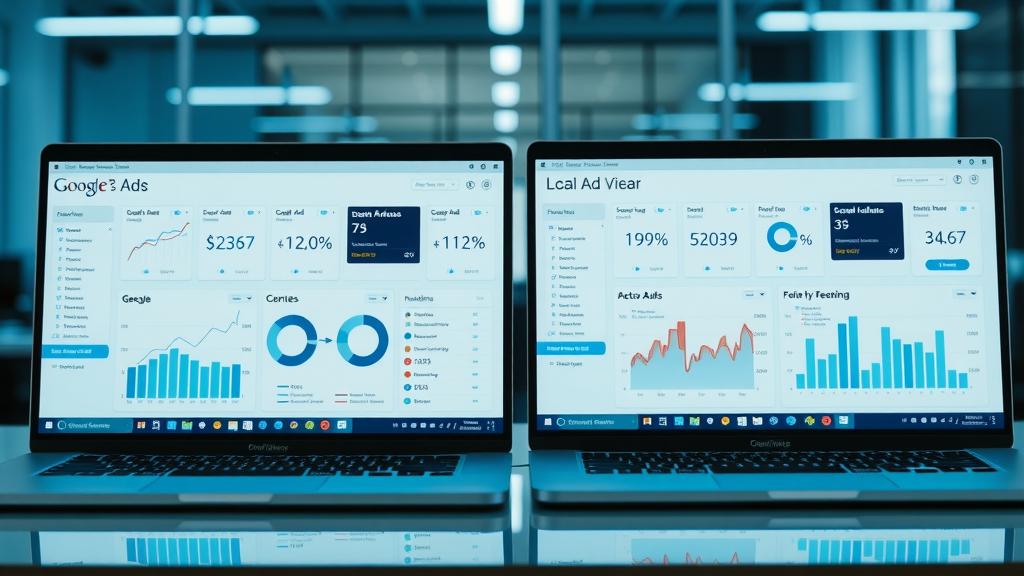advanced software dashboard, futuristic, showing AI analytics for ads, digital workspace with transparent screens and holographs - Local Ad Optimization Tool