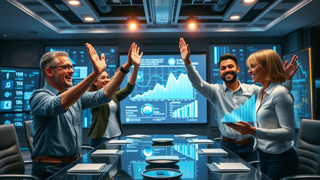 small business team celebrating social media audience growth