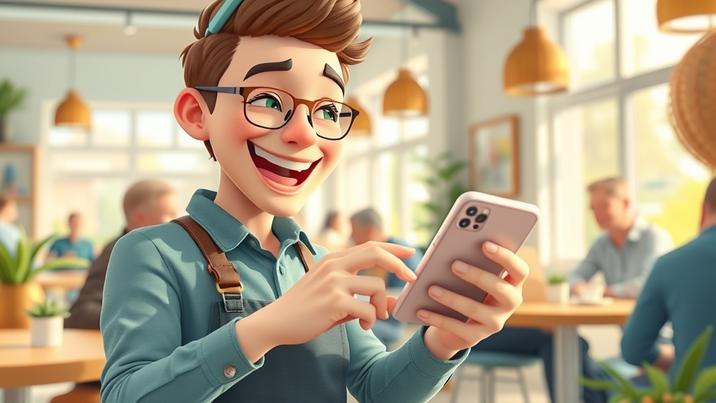 social media enthusiastic small business owner joyful expression using a smartphone to post on social media