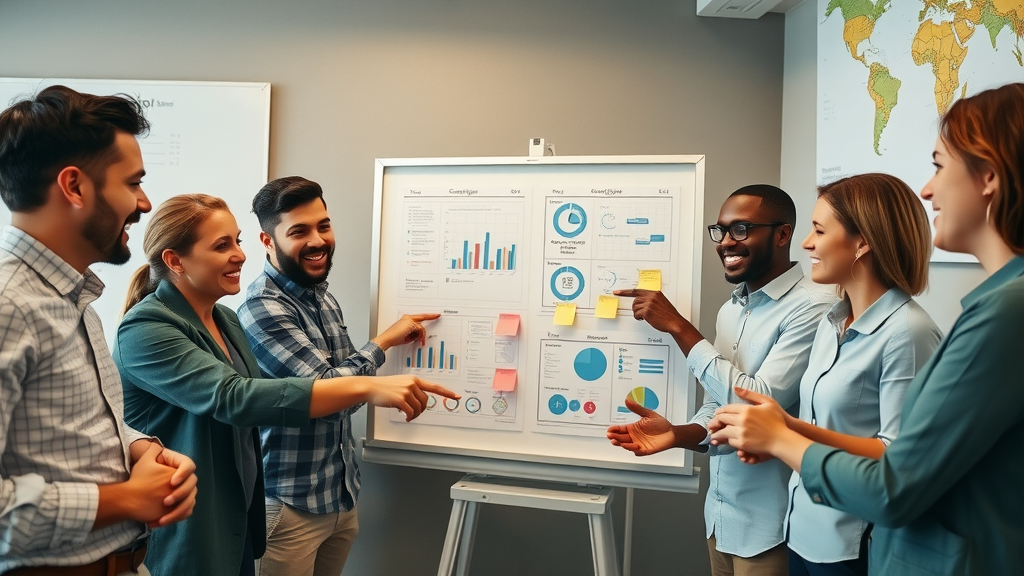 Effective local ad campaigns: Motivated small business team planning campaign together, collaborative gestures, wallboard with graphs, modern office, lifelike and energetic.