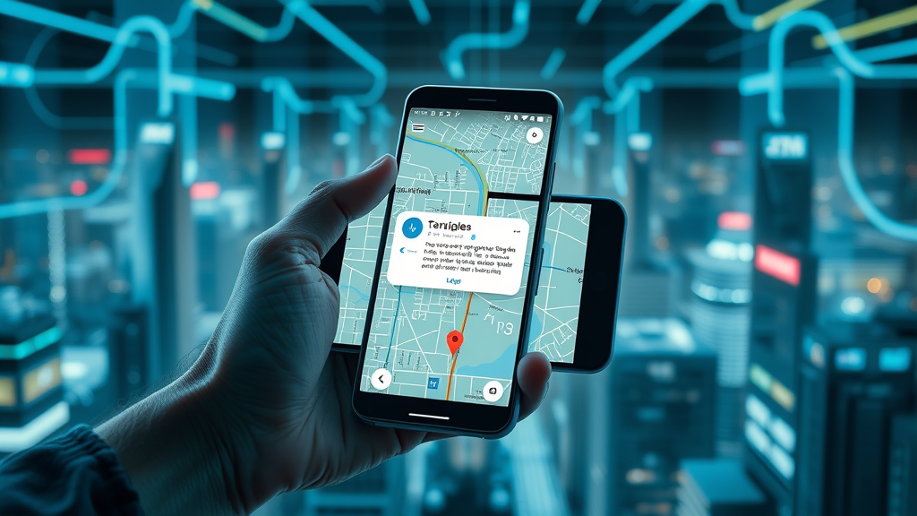 Geo-Targeted Advertising with smartphone displaying map and targeted ad notification, technical digital cityscape and locator beams, futuristic style.