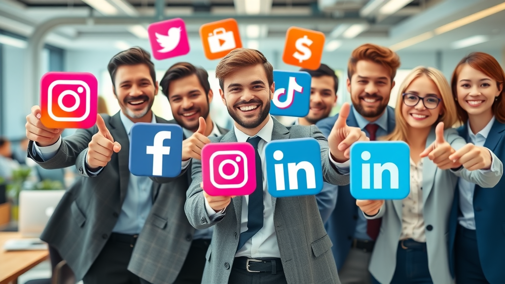 boost brand awareness social media platform choices dynamic collage enthusiastic business people