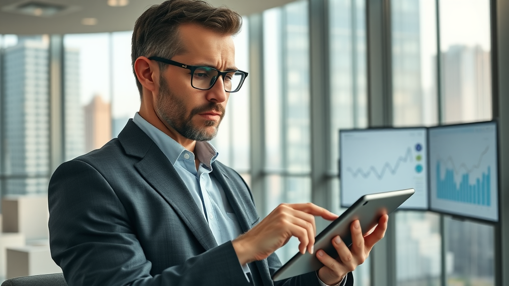 Business owner thoughtfully reviewing graph data on a tablet, Google reviews analysis, modern office, digital charts