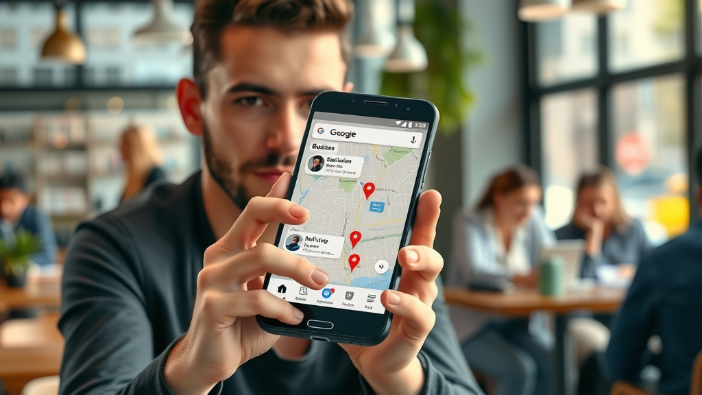 Smartphone displaying Google Maps with optimized business profile and pins for local business search