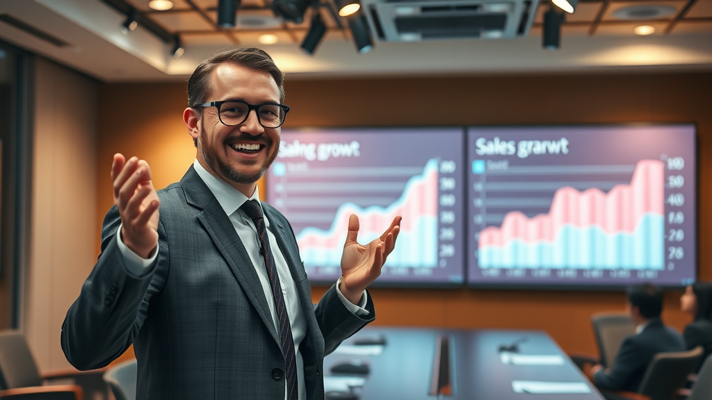manager showcasing sales growth from review generation techniques in conference room with digital charts