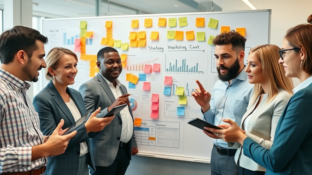 Diverse local business owners collaborating on local SEO and ads strategy, reviewing marketing charts