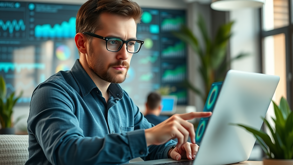 Marketer analyzing Google Business Profile analytics, digital marketing insights for business profile performance