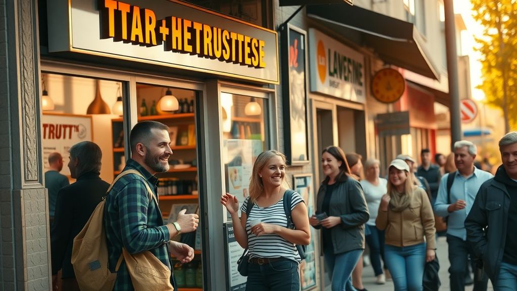 build trust with social proof - Happy customers at a local business storefront