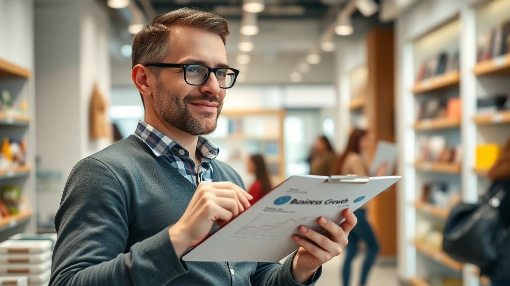 customer acquisition strategies - small business owner reviewing business growth data with optimism