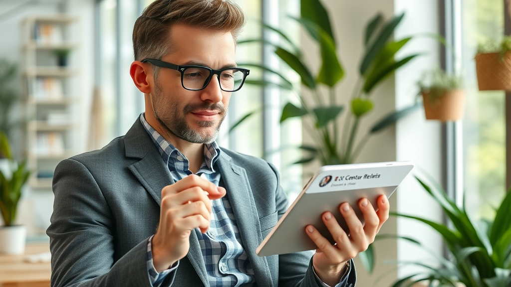Entrepreneur showing positive Google reviews to customer, green office, engaging interaction