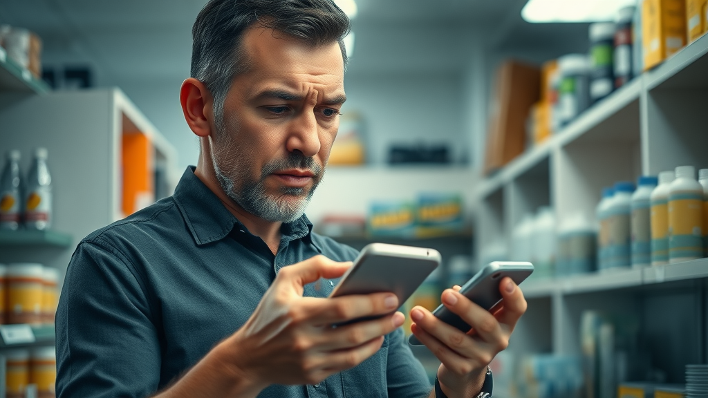 Small business owner reading negative review on phone, concern about bad review, small storefront interior