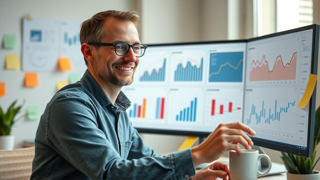 lead gen detail-oriented analyst satisfied expression reviewing growth charts and KPI dashboards for a small business