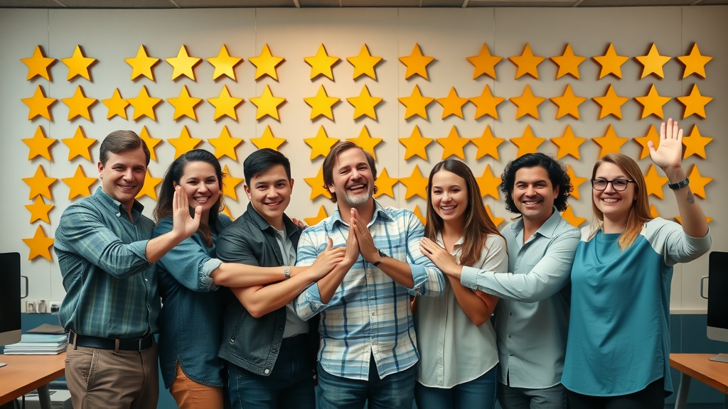 cheerful employees in front of wall of google review stars, sustained google reviews growth, positive reviews