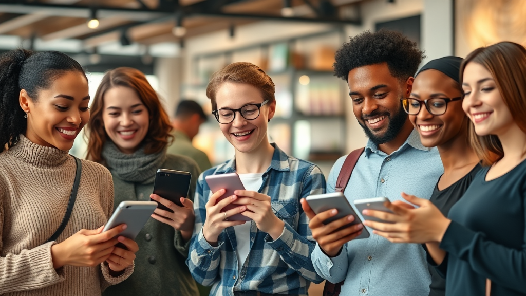 happy diverse customers generate reviews in retail store, positive feedback using digital devices