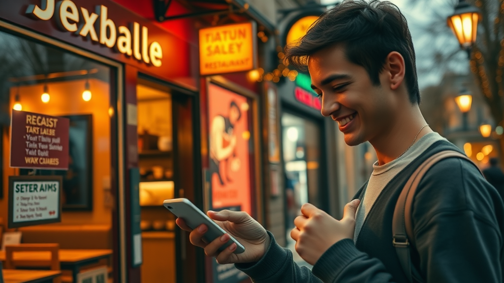 Geo-Targeted Advertising with warm restaurant storefront and digital mobile ad targeting local customers, glowing shop lights, and cozy urban evening.