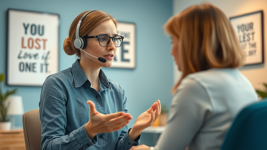 Empathetic customer service professional addressing negative review, calm office