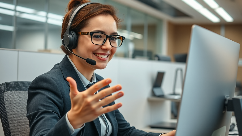 support agent responding empathetically to a negative review online in office setting