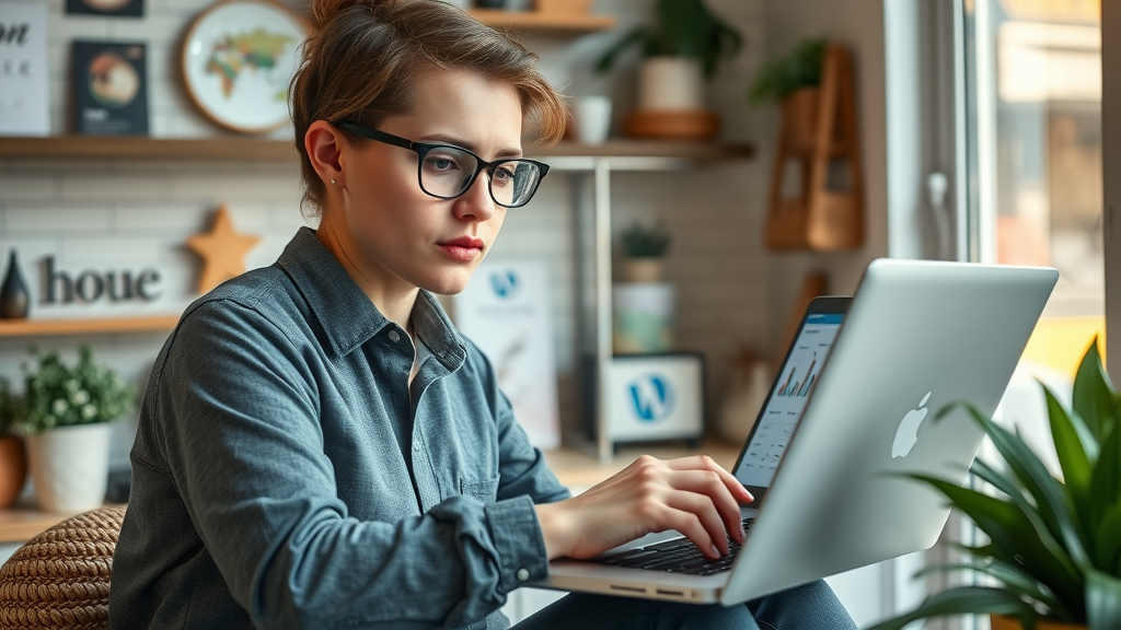 motivated small business owner checking analytics for location-based marketing; cozy storefront