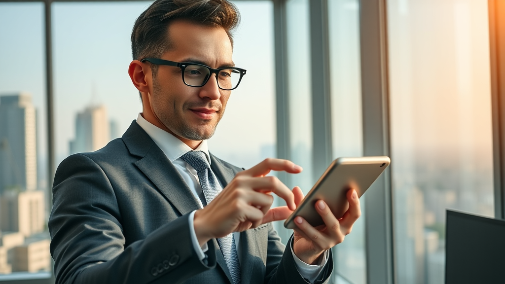 Geo-Targeted Advertising with motivated business professional launching campaign on digital device, modern office city view, energetic motion lines.