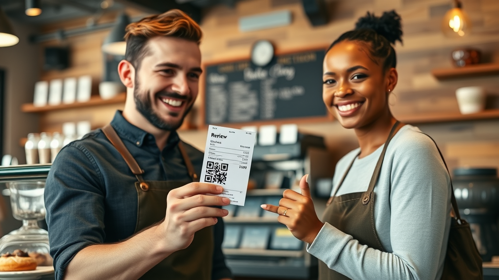 barista presenting QR code for Google review request in cozy coffee shop