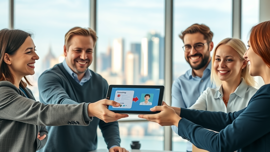 group of colleagues transferring google business profile ownership using tablet, smiling, business attire, sunlit city background