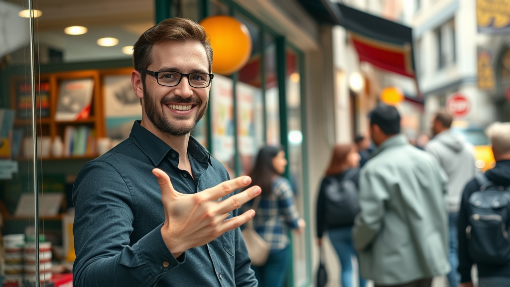 local seo google listing small business storefront with smiling business owner welcoming customers busy street