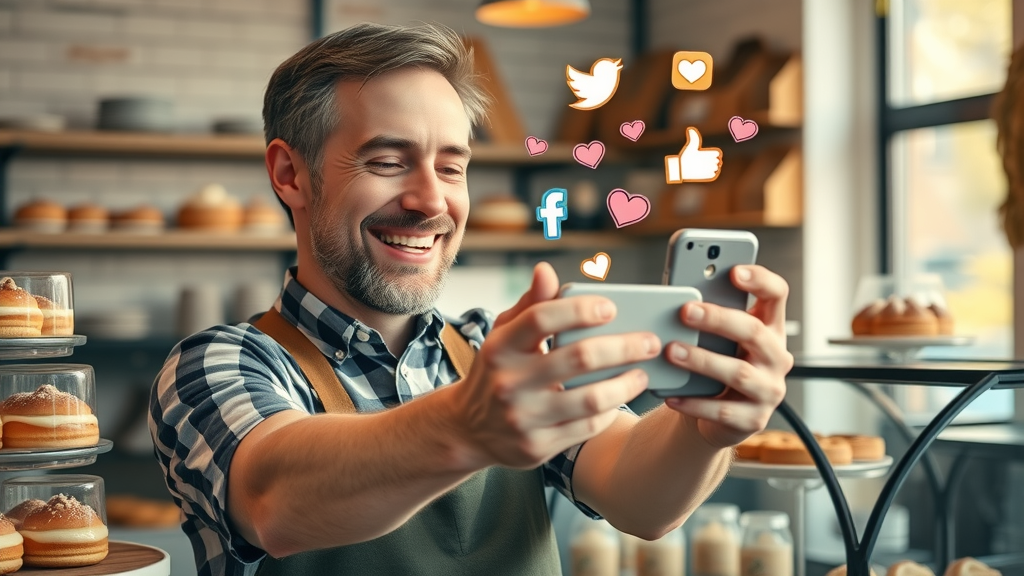 Happy local bakery owner posting creative Instagram Stories that boost social media marketing for small business.
