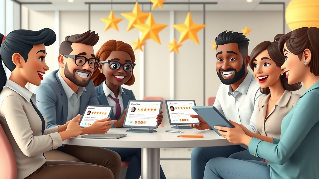 business team building trust by reviewing positive ratings on review sites