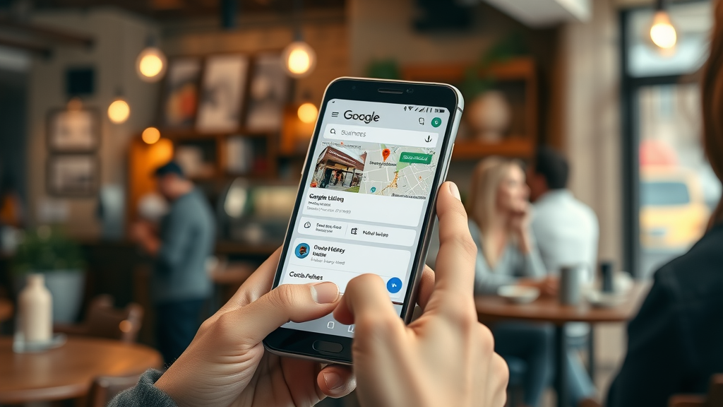 individual checking google business listing on mobile device in cafe, google maps interface displayed, inquisitive user, business profile details visible