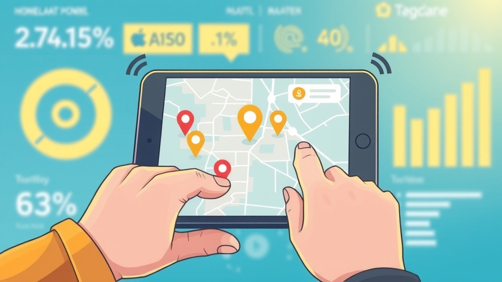 Geo-Targeted Advertising infographic with digital device, geo-pins and localized advertisement, showing clean dashboard, soft blue and yellow tones.