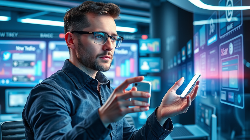 future of brand awareness on social media futuristic marketer with holographic social media interfaces