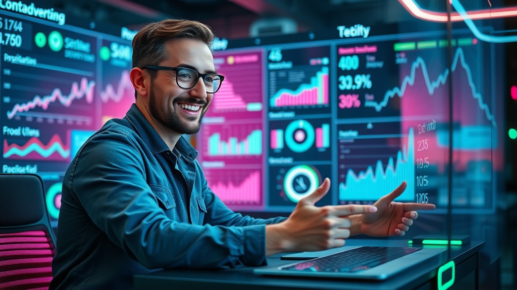 marketer reviewing analytics dashboard, measuring local advertising KPIs, floating digital charts, futuristic lighting