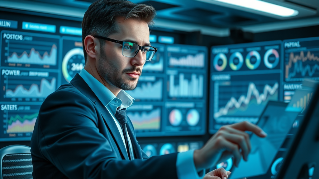 Professional analyzing online review analytics for review management in a high-tech control room