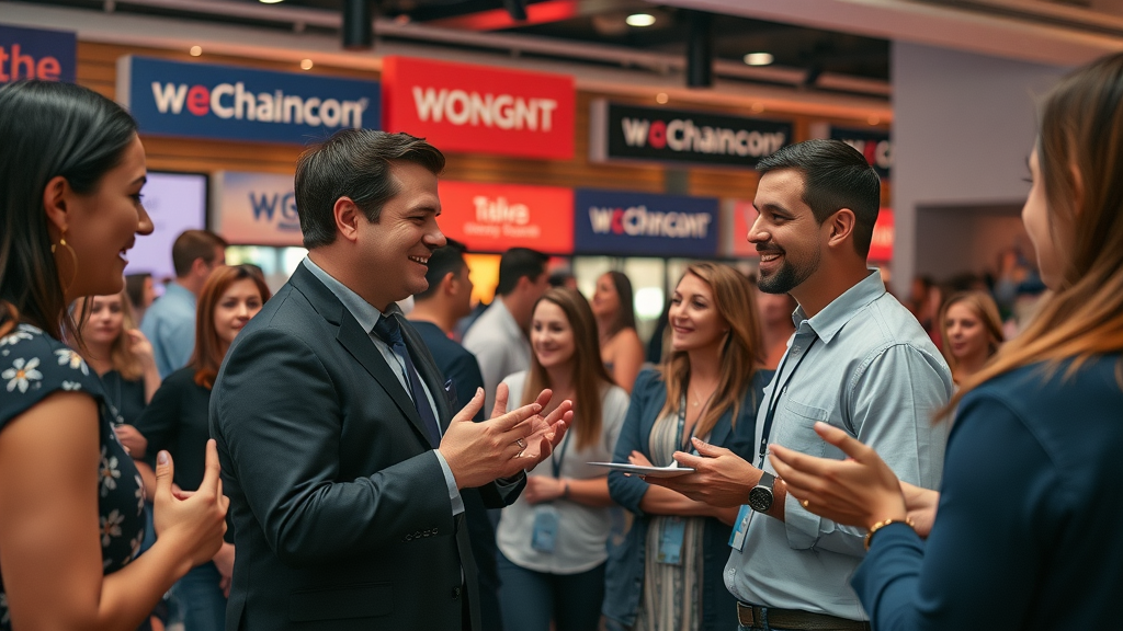 Engaged brand community event with professional hosts fostering interaction in a branded indoor event space