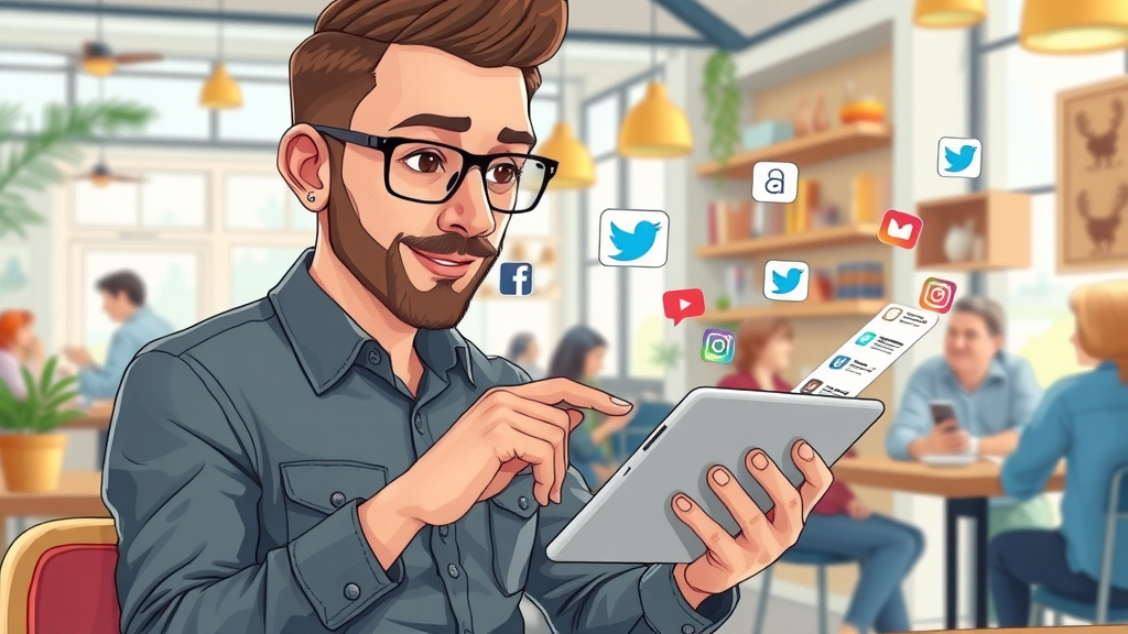business owner scrolling through social media platforms on tablet, planning targeted local campaigns, lively café scene