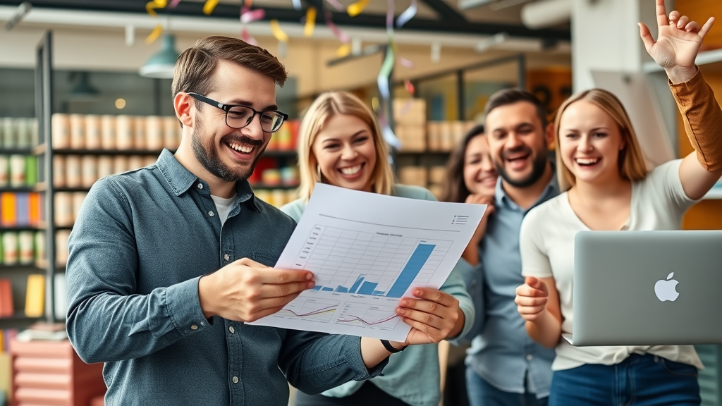 local business team celebrates success of high-converting email marketing campaigns