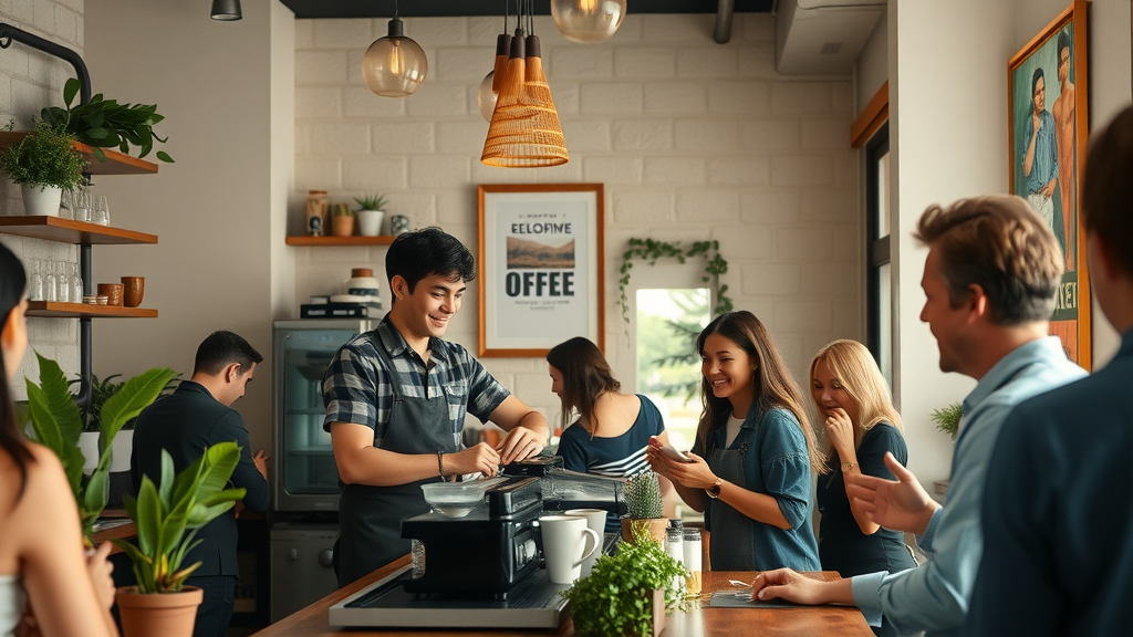 Effective local ad campaigns: Cozy coffee shop scene with happy customers, barista, and promotional poster, lifelike and bustling.
