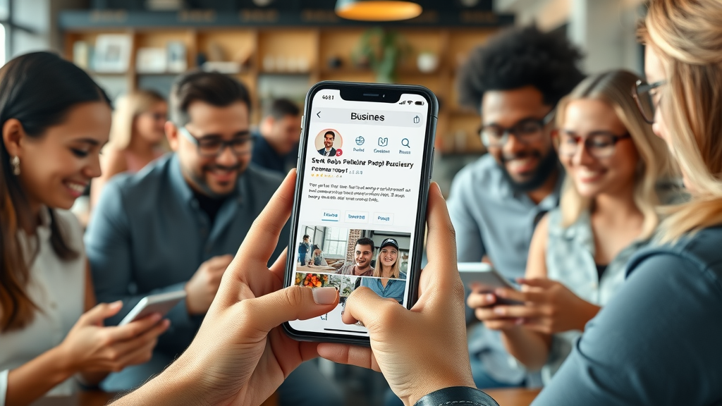 Business profile gallery on smartphone, customer reviews and photos, business profile visual engagement