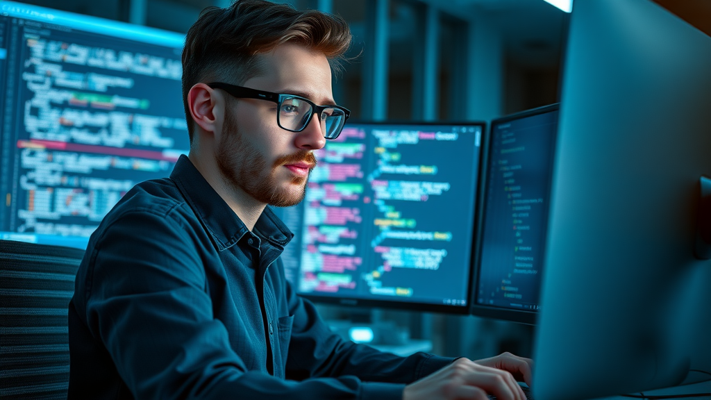 Software engineer developing review response automation tools, high-tech workspace