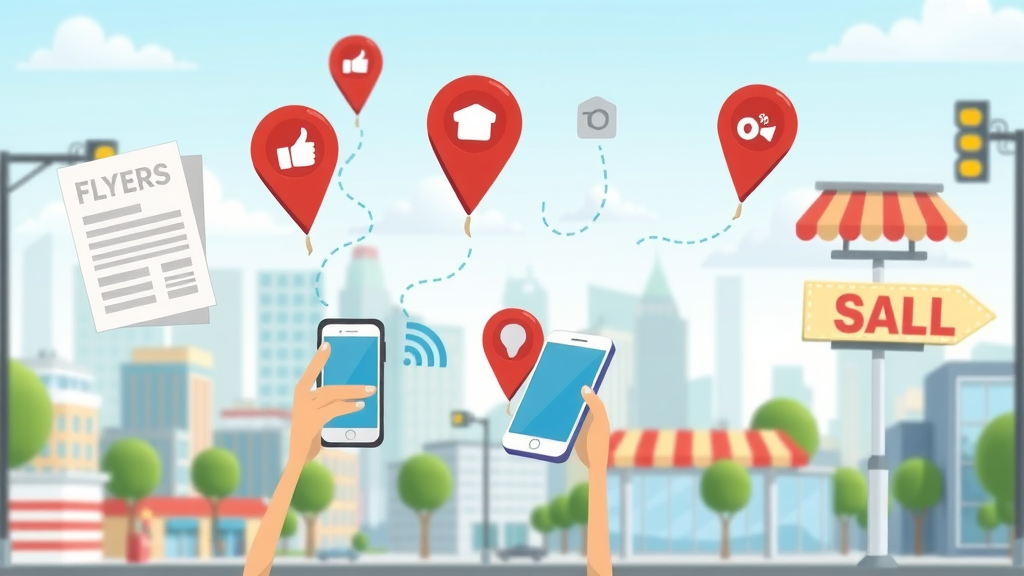 Effective local ad campaigns: Animated icons for local marketing tactics—flyers, map pins, smartphones—against a cityscape, cartoon style, bright and lively.