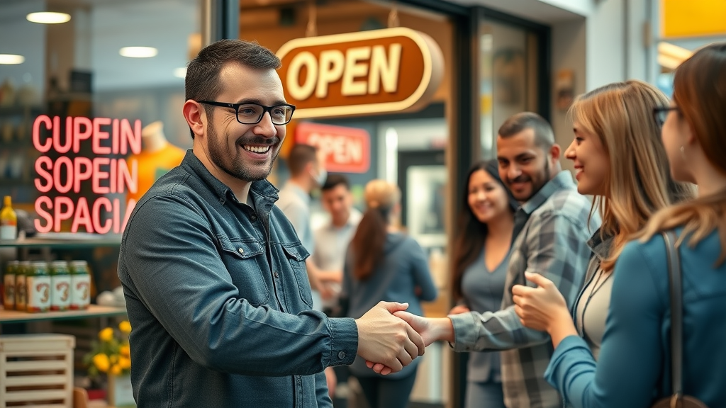 local customers attentive business owner problem-solving expression engaging eagerly with smiling walk-in customers at a small specialty shop